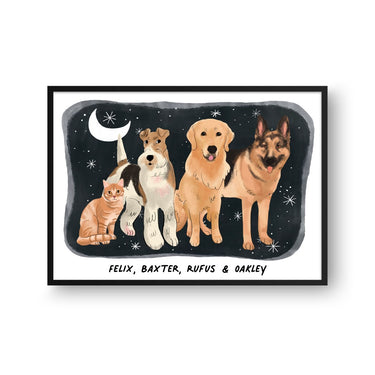 Premium Watercolor Pet Portrait - Four Pets, Framed Poster