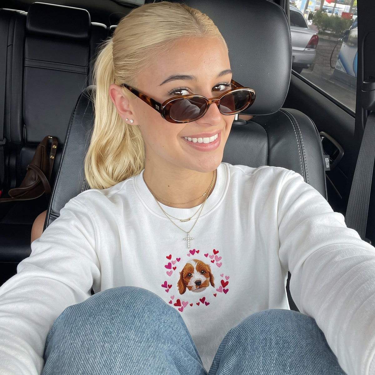 Custom Embroidered Pet Face Hearts Organic Sweatshirt