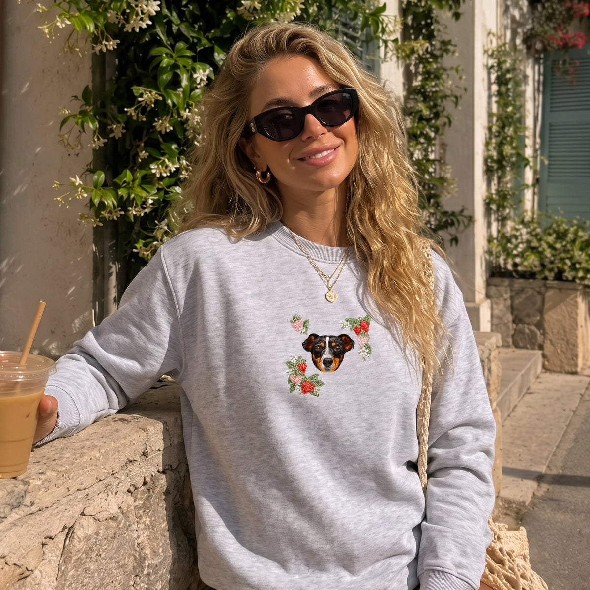 Custom Embroidered Pet Face Organic Strawberry Sweatshirt