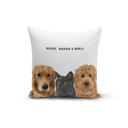 Crown and Paw - Throw Pillow Modern Pet Face Throw Pillow - Three Pets 14" x 14" / With Name
