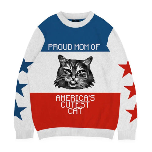 Crown and Paw - Knitwear Limited Edition! 4th of July Proud Cat Mom Knitted Sweater 2XS / White (Multi)