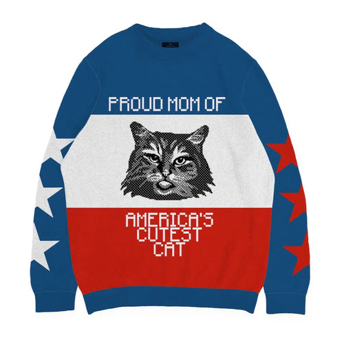 Crown and Paw - Knitwear Limited Edition! 4th of July Proud Cat Mom Knitted Sweater 2XS / Blue (Multi)
