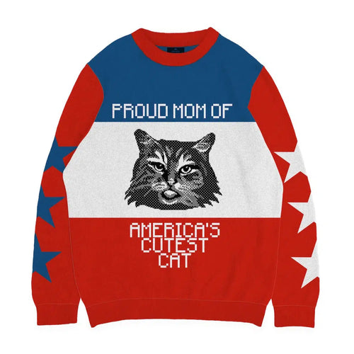 Crown and Paw - Knitwear Limited Edition! 4th of July Proud Cat Mom Knitted Sweater 2XS / Red (Multi)
