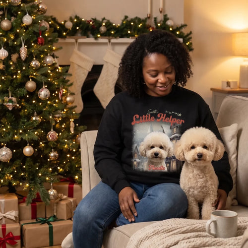 Custom Vintage Christmas Pet Sweatshirt by the Christmas tree