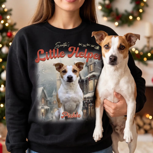 Custom Vintage Christmas Pet Sweatshirt close-up with dog