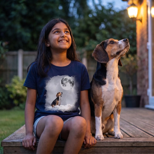 Girl and her beagle looking up at the evening sky, wearing a navy kids' custom pet moon t-shirt