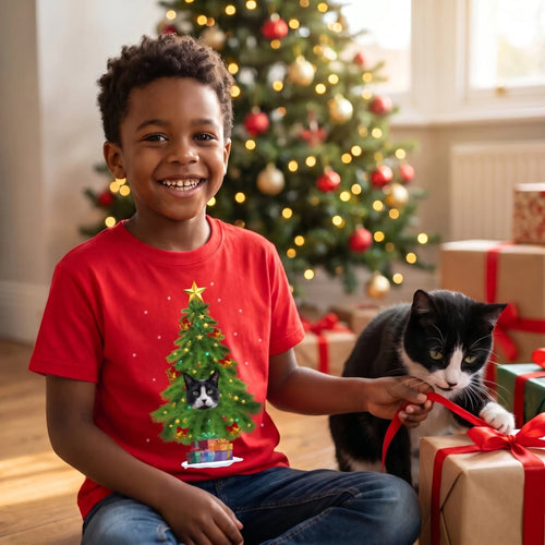 Boy on Christmas morning among presents in a red kids' Christmas tree pet photo t-shirt with his cat