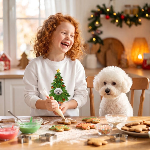 Girl decorating gingerbread in a white kids' personalised Christmas tree pet face sweatshirt with her dog