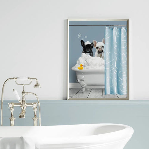 Crown and Paw - Canvas Bath Tub Pet Portrait (Two Pets) - Custom Pet Art Canvas 8" x 10" / Blue / With Curtain