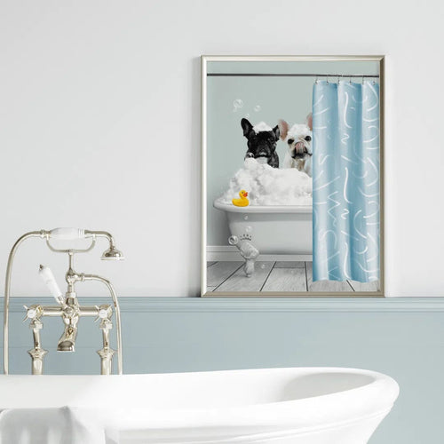 Crown and Paw - Canvas Bath Tub Pet Portrait (Two Pets) - Custom Pet Art Canvas 8" x 10" / Mint / With Curtain