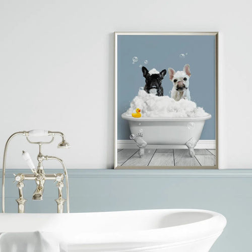 Crown and Paw - Canvas Bath Tub Pet Portrait (Two Pets) - Custom Pet Art Canvas 8" x 10" / Blue / Without Curtain
