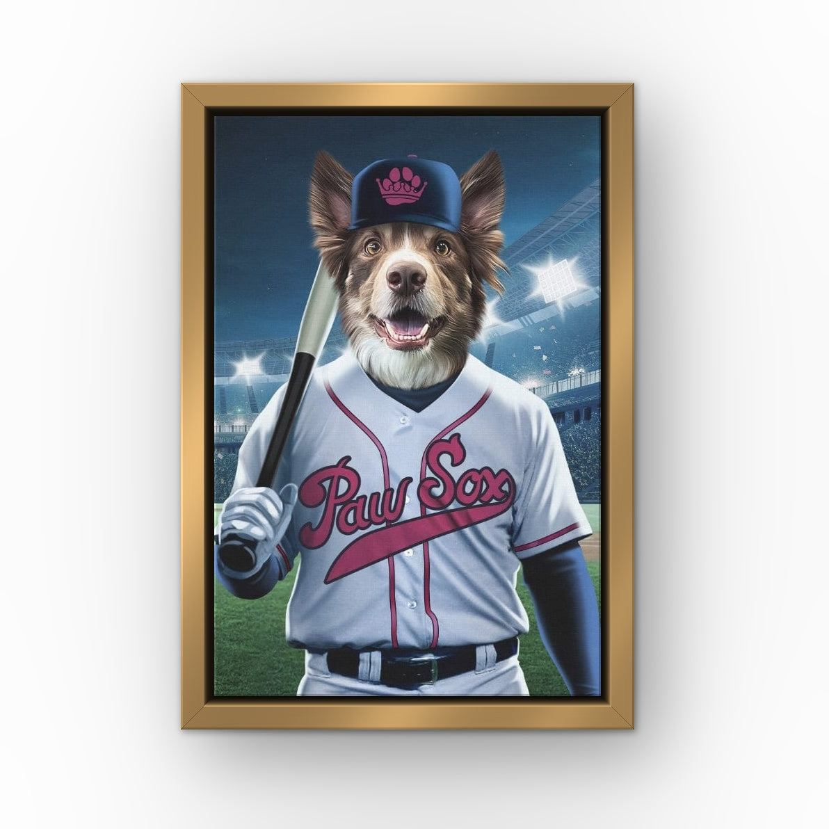Boston Paw Sox custom pet canvas in a gold floating frame