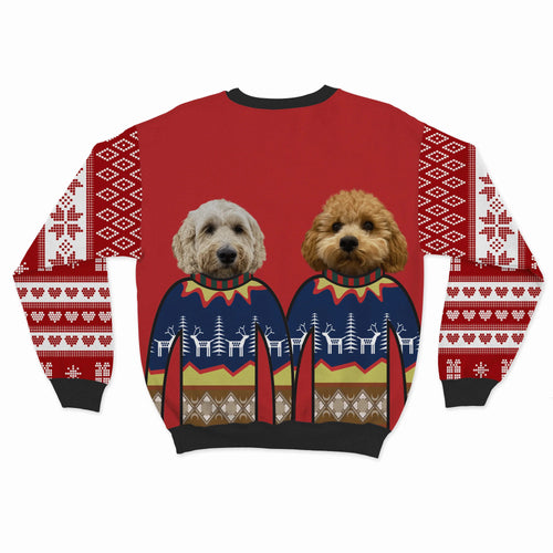 Crown and Paw - Custom Clothing Premium Christmas Sweatshirt - Two Pets Christmas Red / Snowflakes and Hearts / S