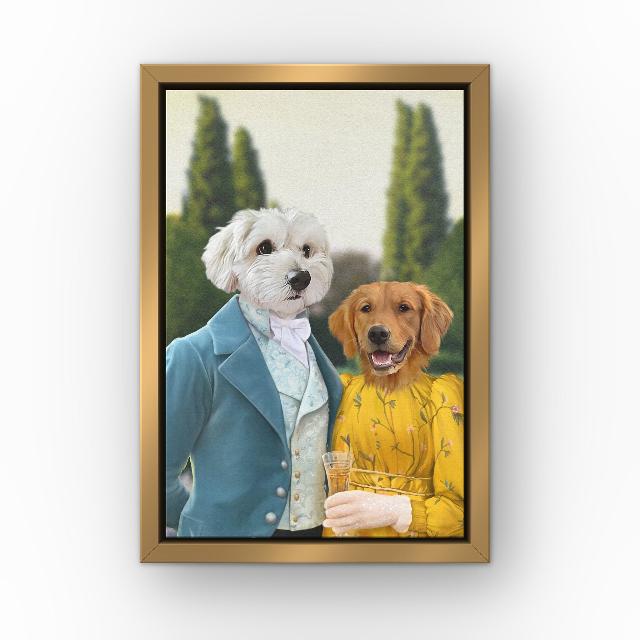 Colin and Marina custom pet canvas in a gold floating frame