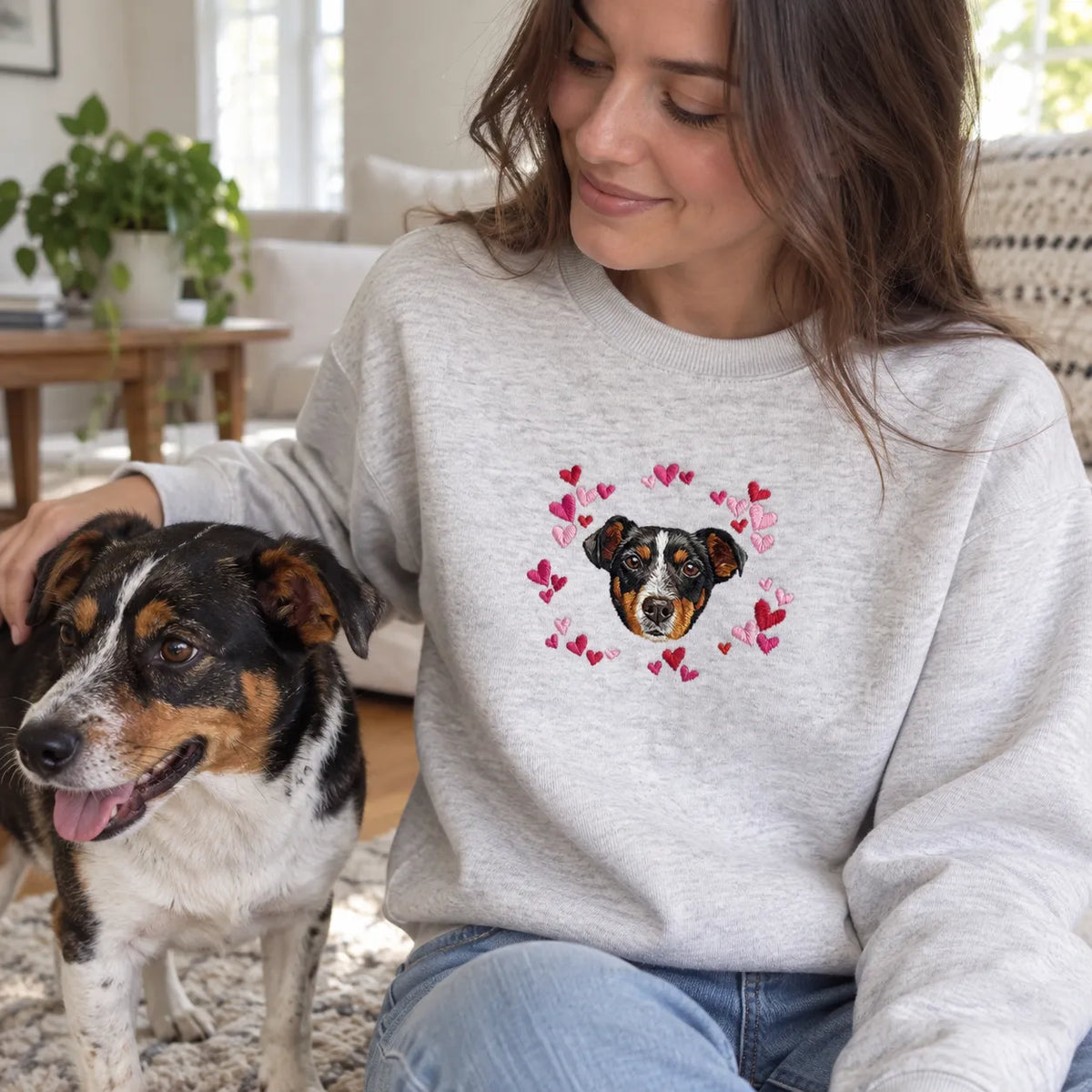 Custom Embroidered Pet Face Hearts Organic Sweatshirt