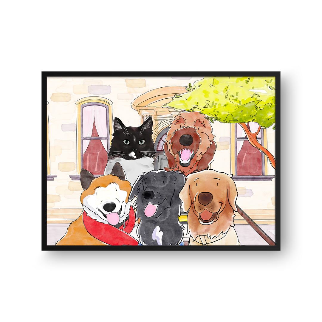 Watercolor Pet Portrait - Five Pets, Framed Poster
