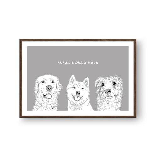 Crown and Paw - Framed Poster Illustrated Pet Portrait - Three Pets