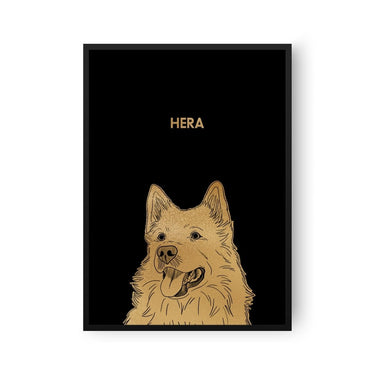 Illustrated Gold Foil Pet Portrait - One Pet, Framed Print