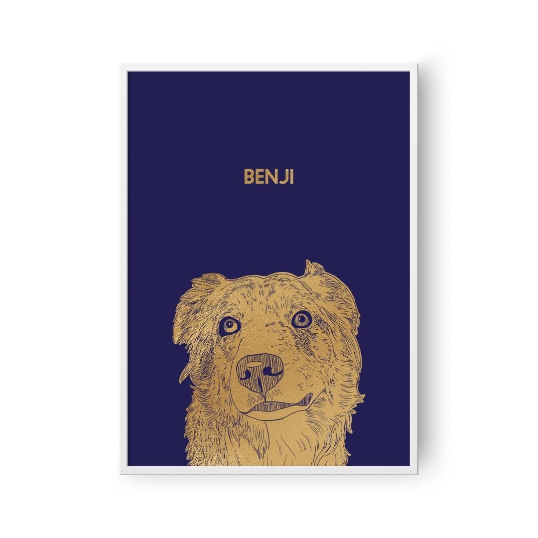 Illustrated Gold Foil Pet Portrait - One Pet, Framed Print