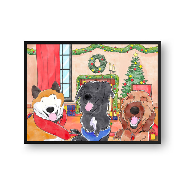 Christmas Watercolor Pet Portrait - Three Pets