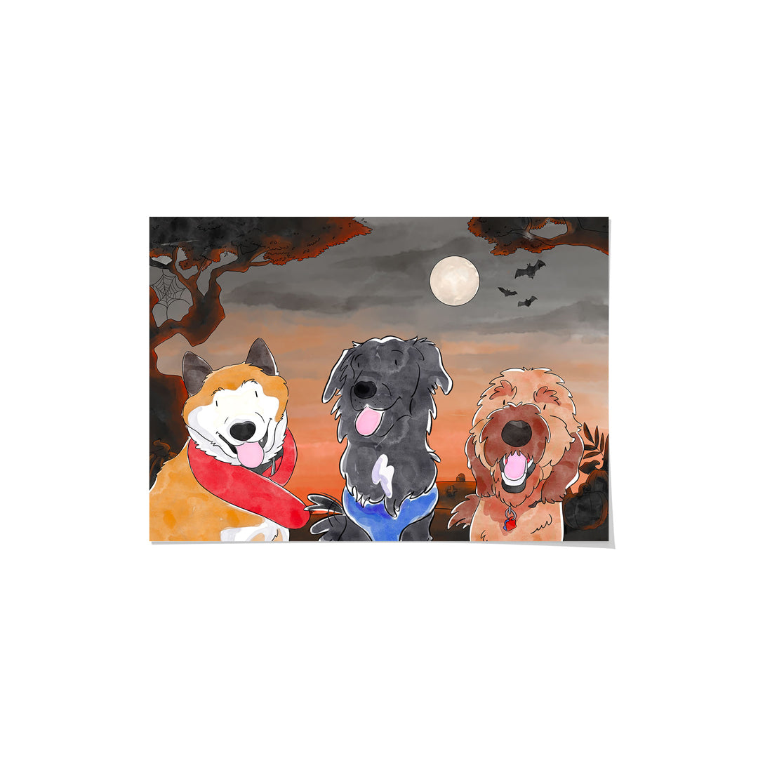 Halloween Watercolor Pet Portrait - Three Pets