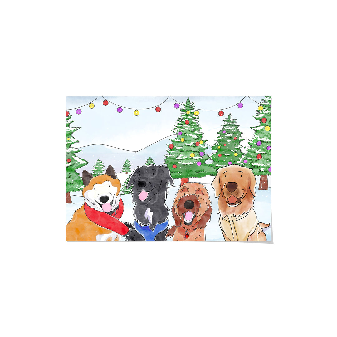 Christmas Watercolor Pet Portrait - Four Pets