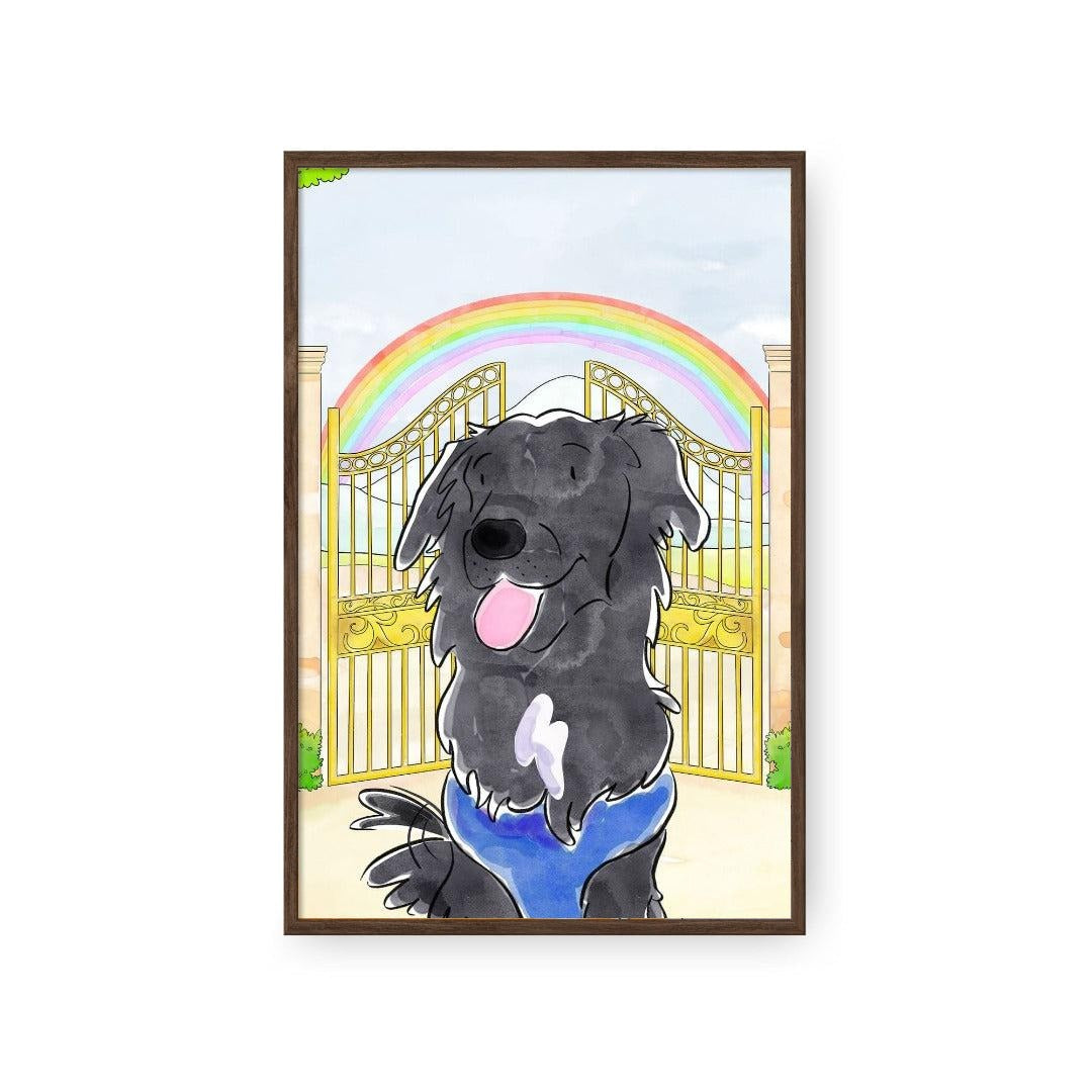 Watercolor pet portrait (Rainbow Bridge) in a walnut frame
