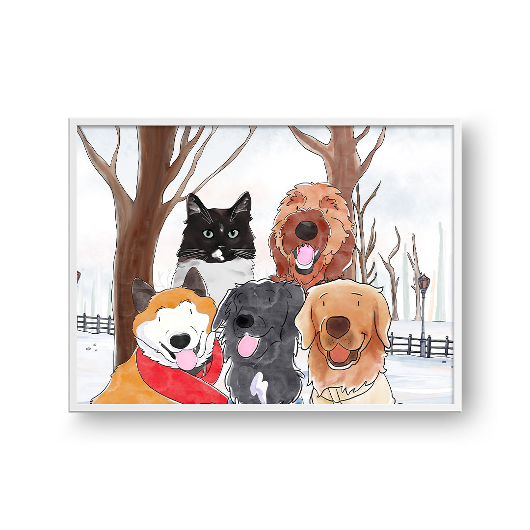 Watercolor Pet Portrait - Five Pets, Framed Poster