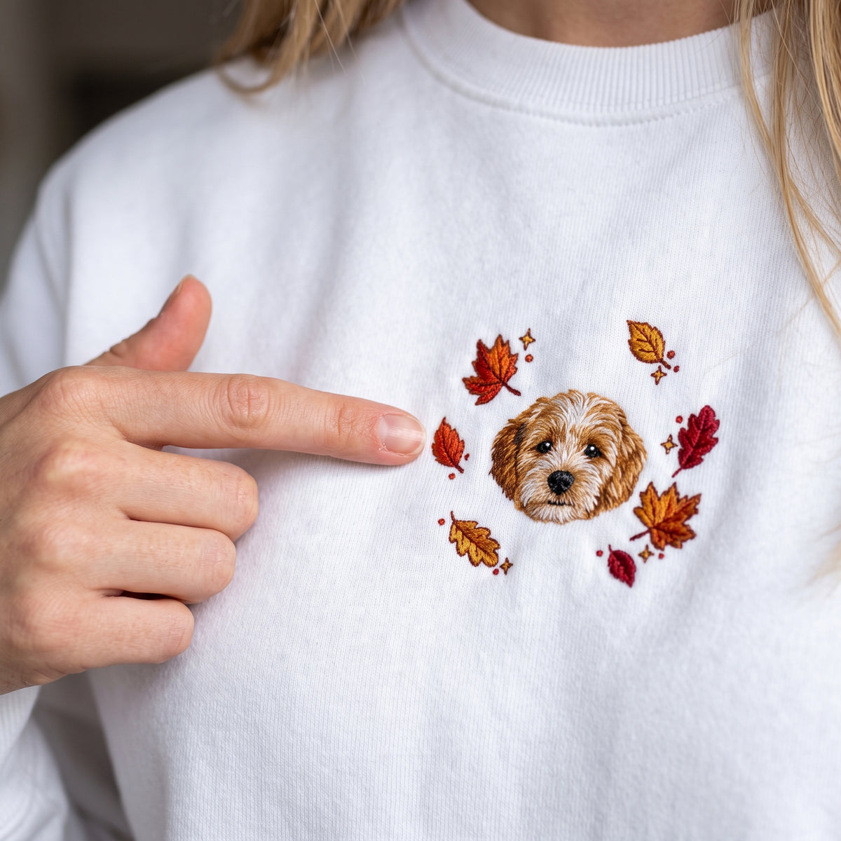 Custom Fall Leaves Embroidered Pet Face Organic Sweatshirt