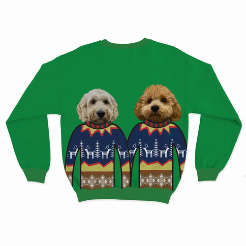 Crown and Paw - Custom Clothing Custom Pet Face Christmas Sweatshirt - Two Pets Festive Green / Blue / S