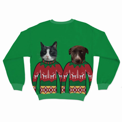Crown and Paw - Custom Clothing Custom Pet Face Christmas Sweatshirt - Two Pets Festive Green / Red / S