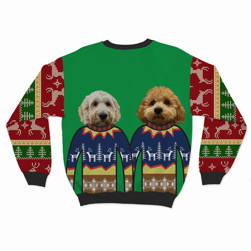 Crown and Paw - Custom Clothing Premium Christmas Sweatshirt - Two Pets Festive Green / Reindeer and Trees / S