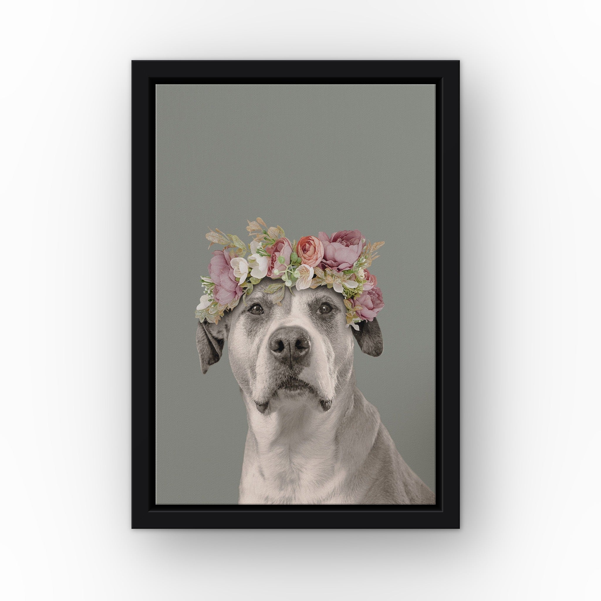 Floral Crown Pet Portrait (green) custom pet canvas in a black floating frame