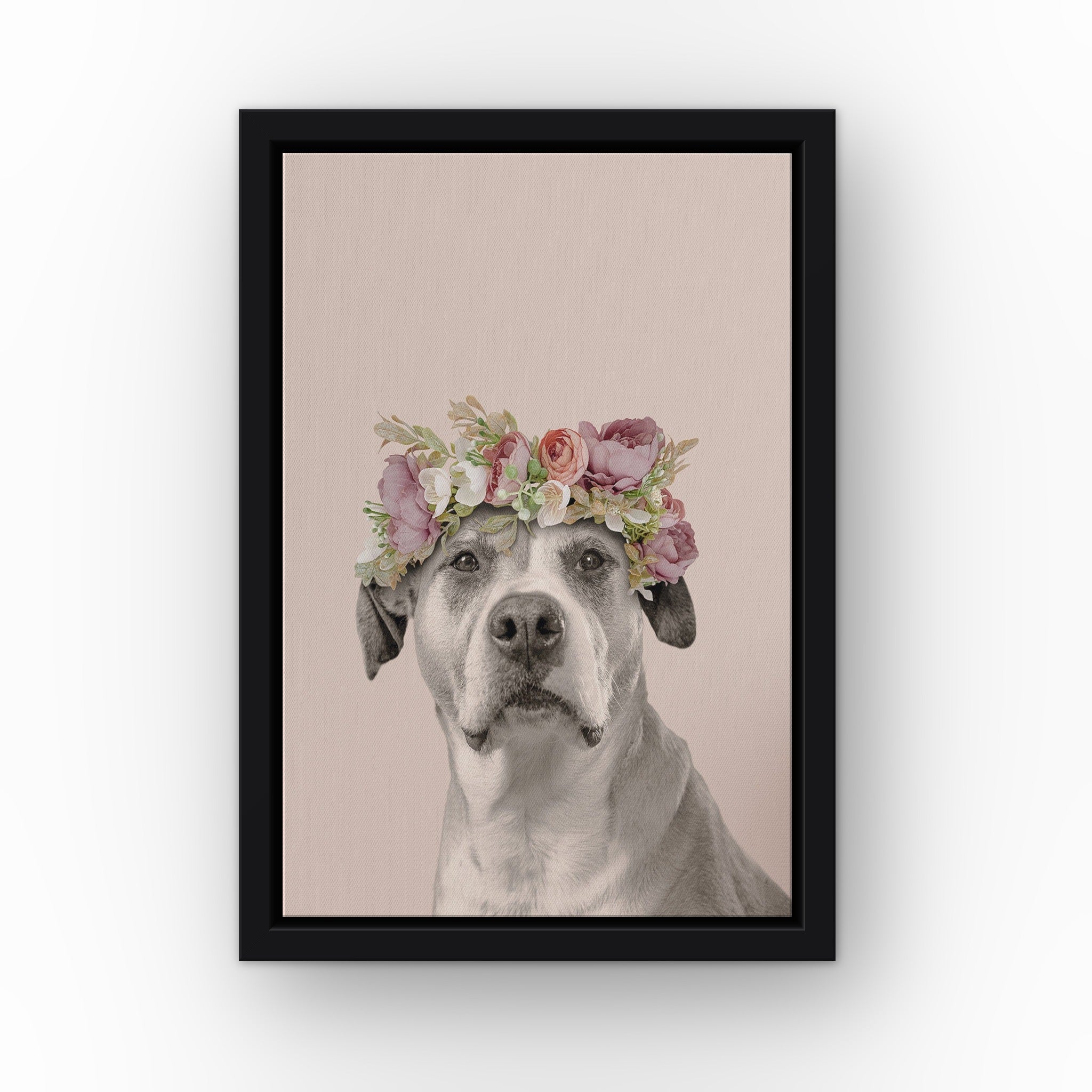 Floral Crown Pet Portrait (soft pink) custom pet canvas in a black floating frame