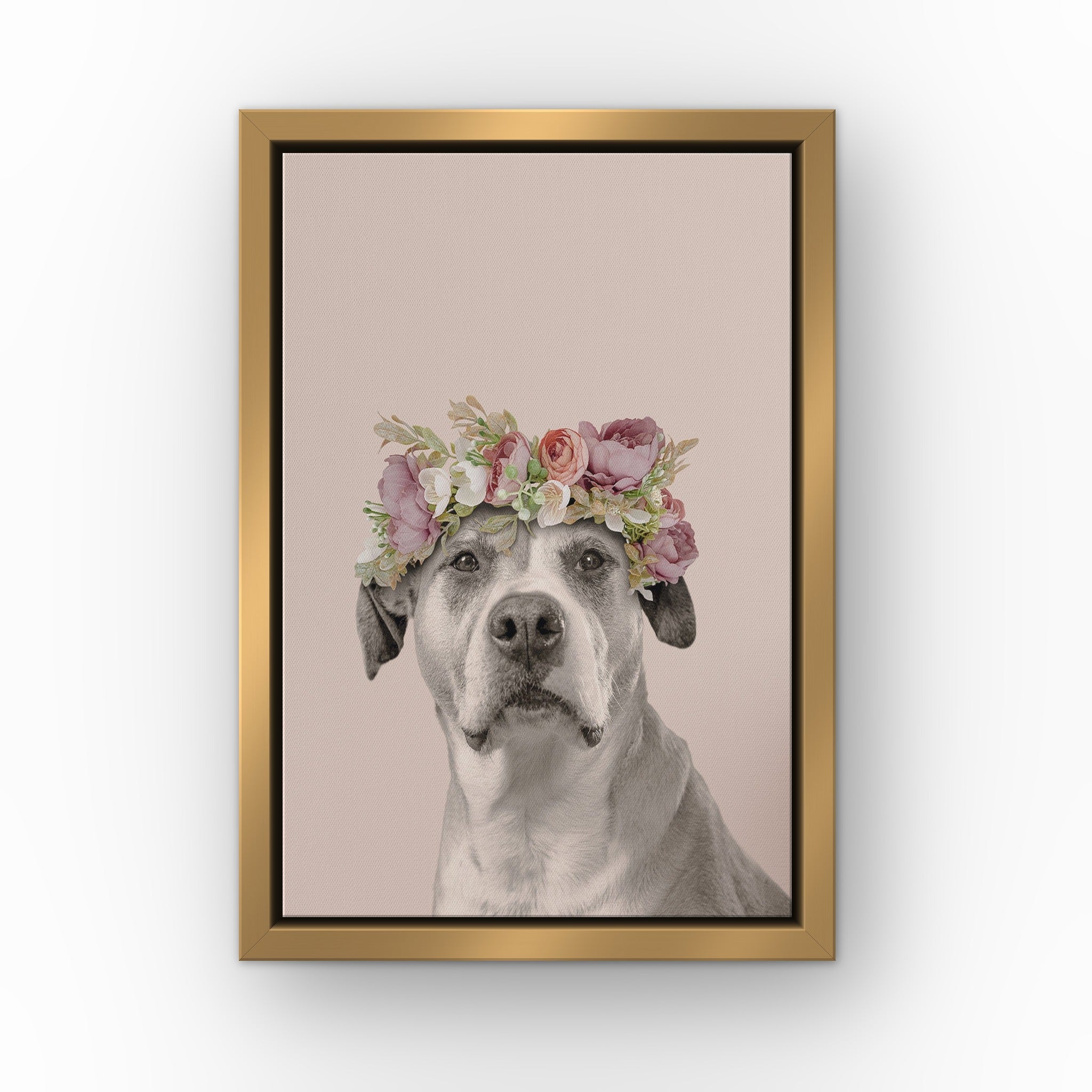 Floral Crown Pet Portrait (soft pink) custom pet canvas in a gold floating frame