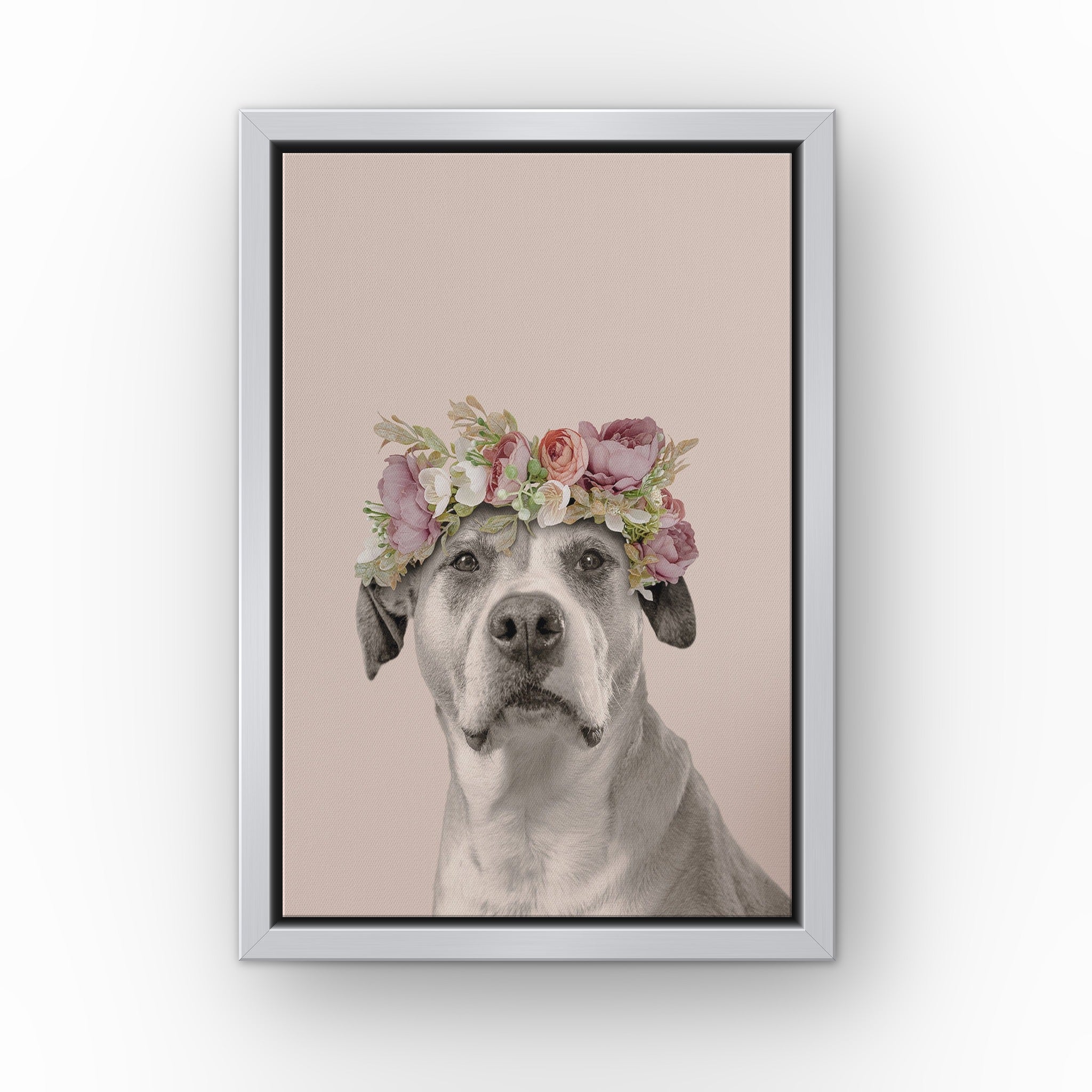 Floral Crown Pet Portrait (soft pink) custom pet canvas in a silver floating frame