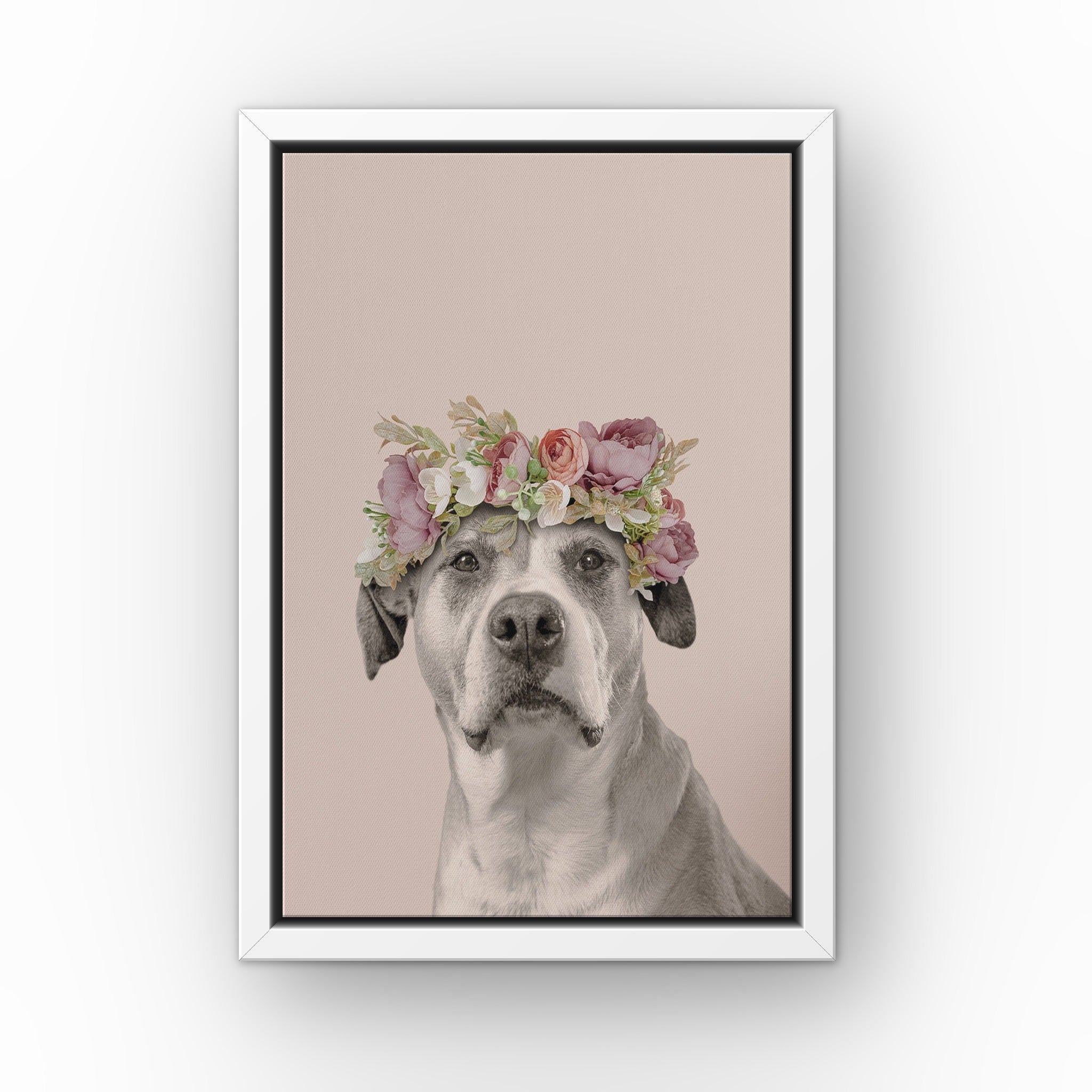 Floral Crown Pet Portrait (soft pink) custom pet canvas in a white floating frame