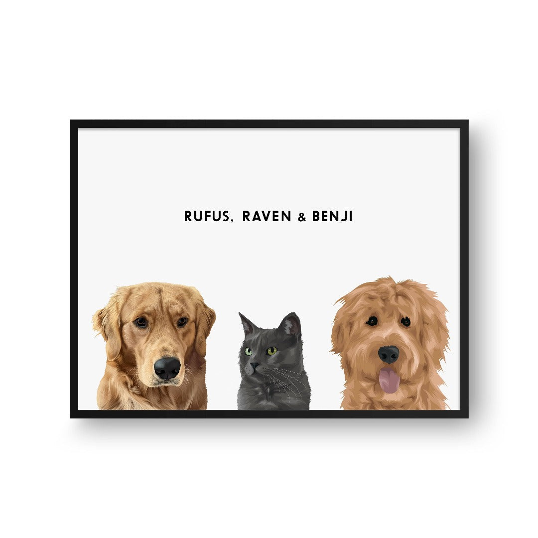Crown and Paw - Framed Poster Modern Pet Portrait - Three Pets 8" x 10" / Black / White