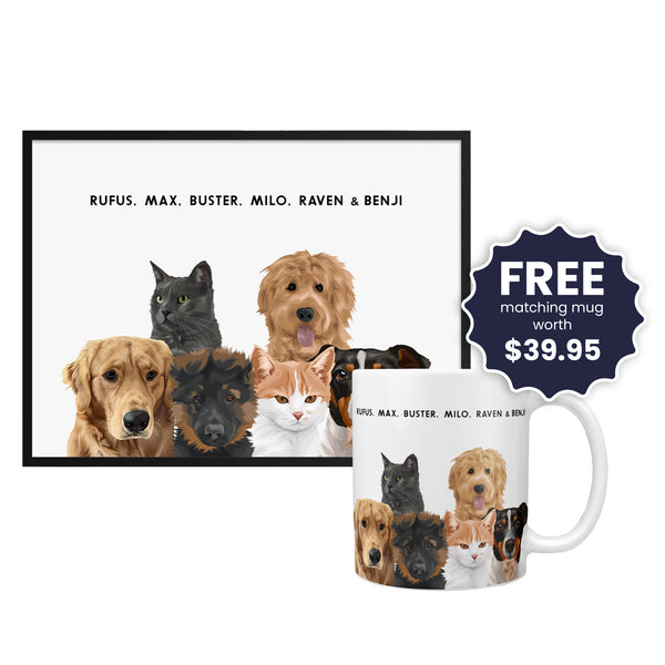 Custom Modern Pet Portrait for Six Pets | Crown & Paw