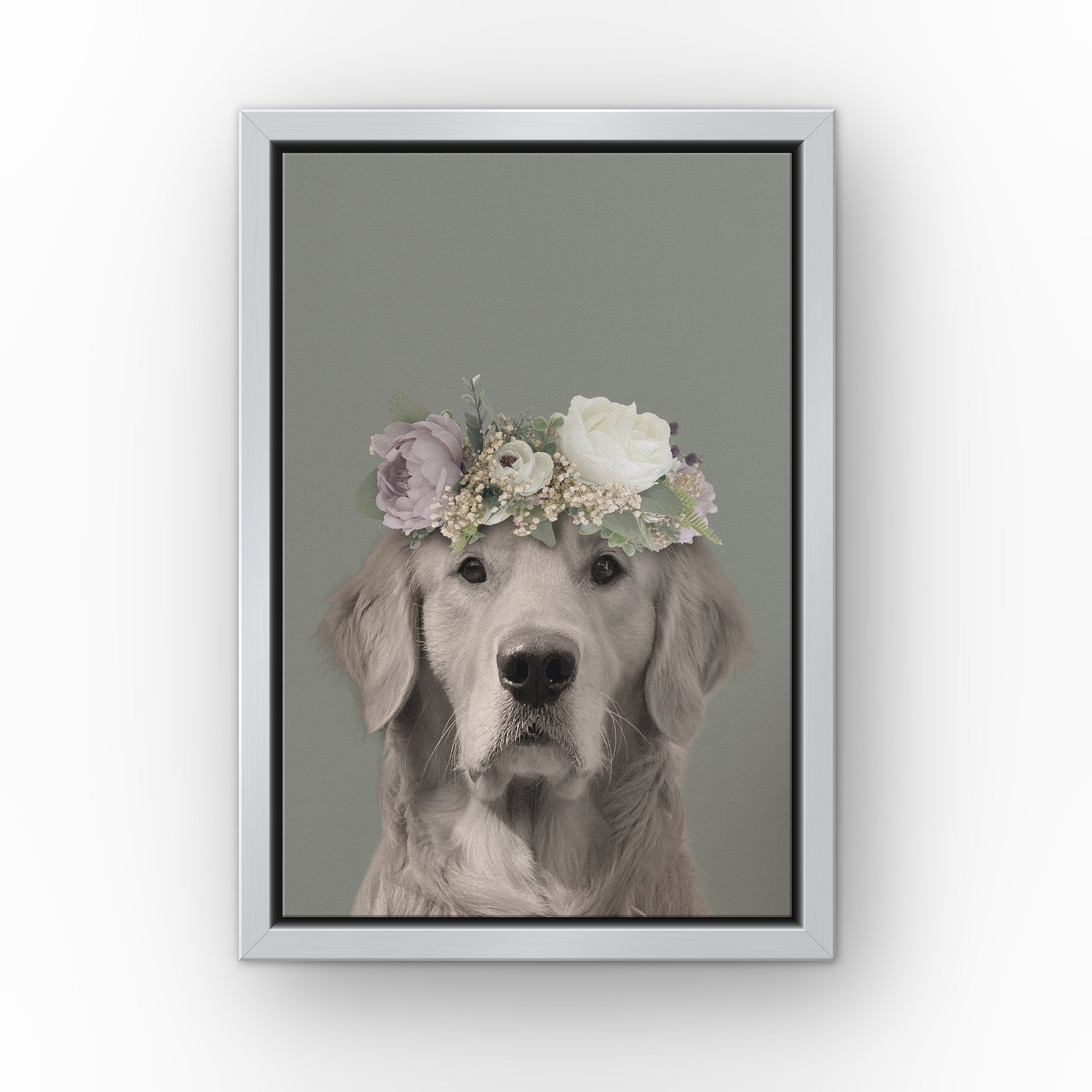 Full Bloom Pet Portrait (green) custom pet canvas in a silver floating frame