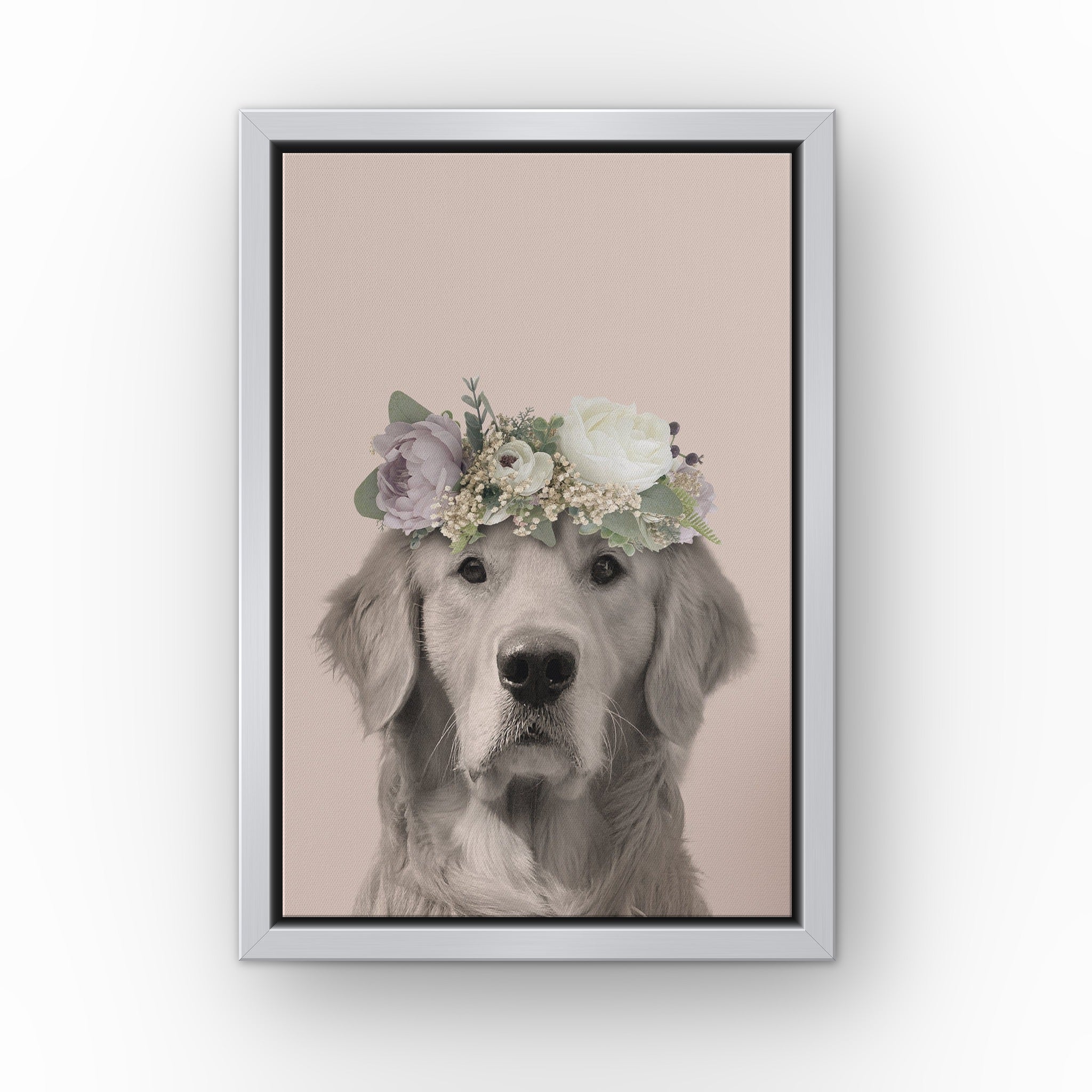 Full Bloom Pet Portrait (soft pink) custom pet canvas in a silver floating frame