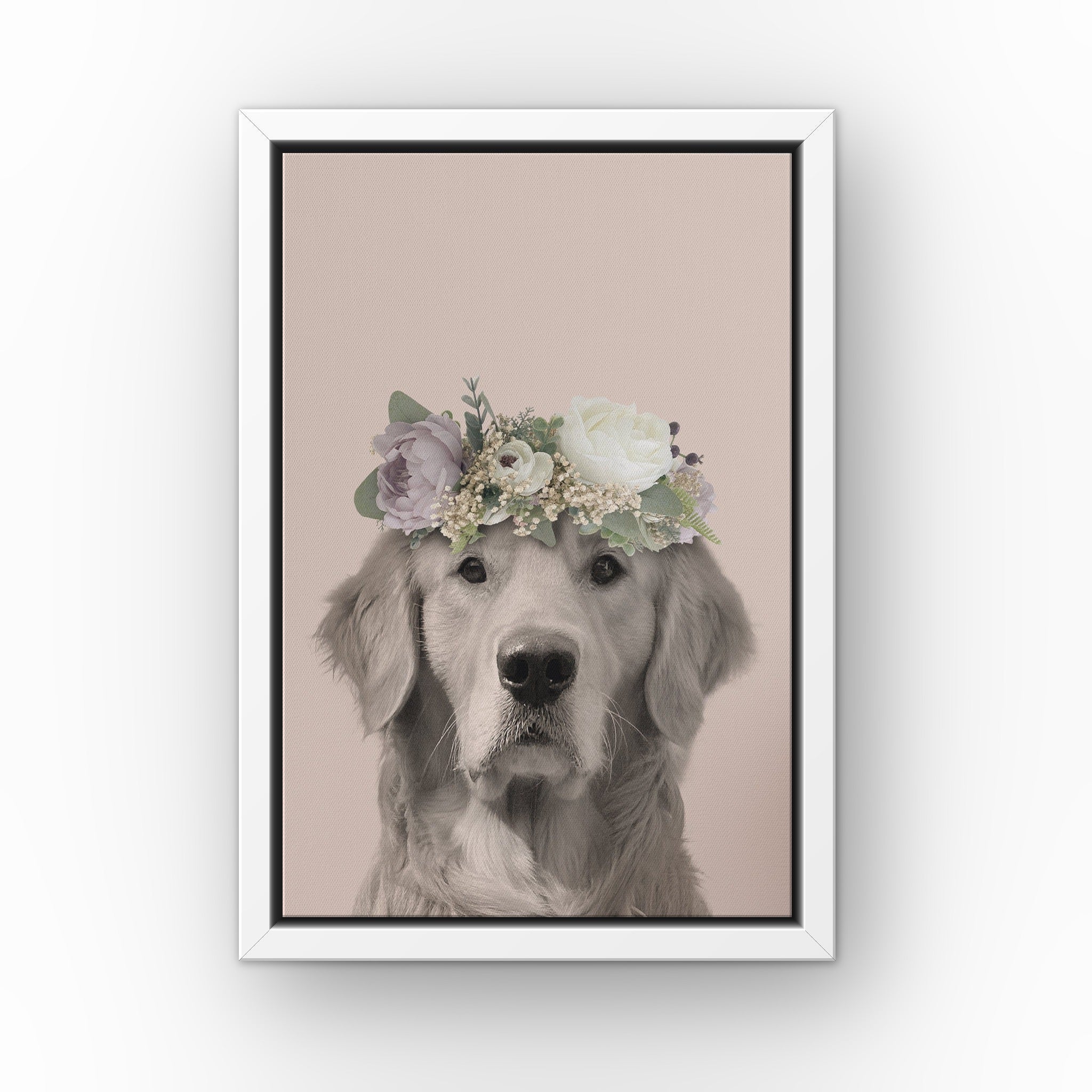 Full Bloom Pet Portrait (soft pink) custom pet canvas in a white floating frame