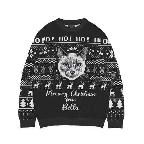 Ho Ho Ho Custom Cat Face Sweater - Custom Christmas Knitwear