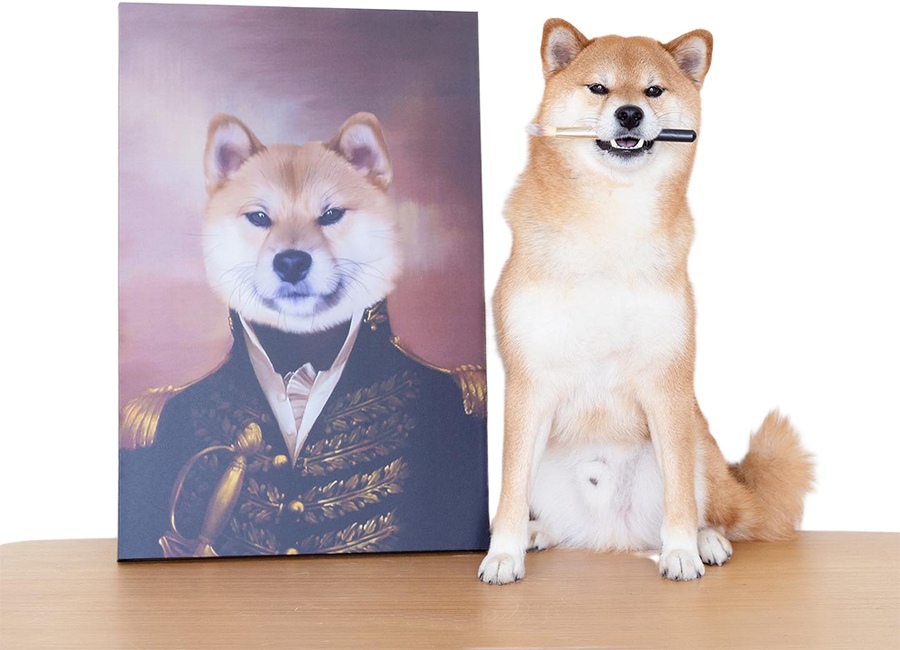 Shiba sitting next to his "The General" portrait