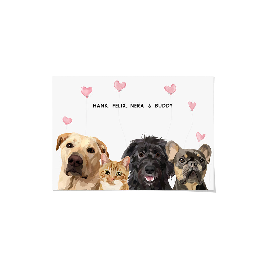 Valentines Pet Portrait - Four Pets