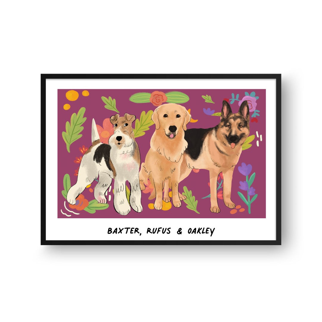 Premium Watercolor Pet Portrait - Three Pets, Framed Poster