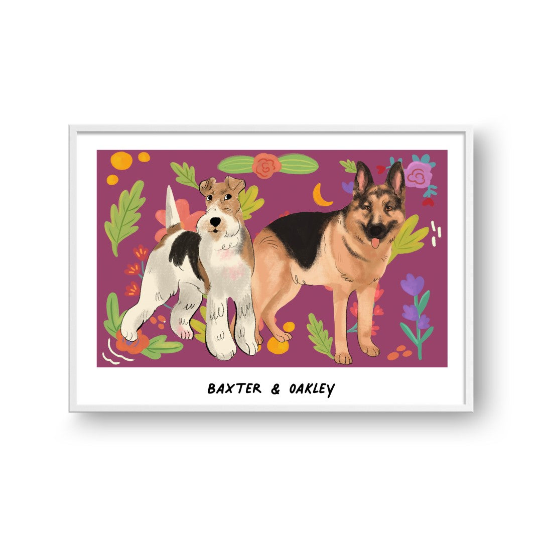 Premium Watercolor Pet Portrait - Two Pets, Framed Poster