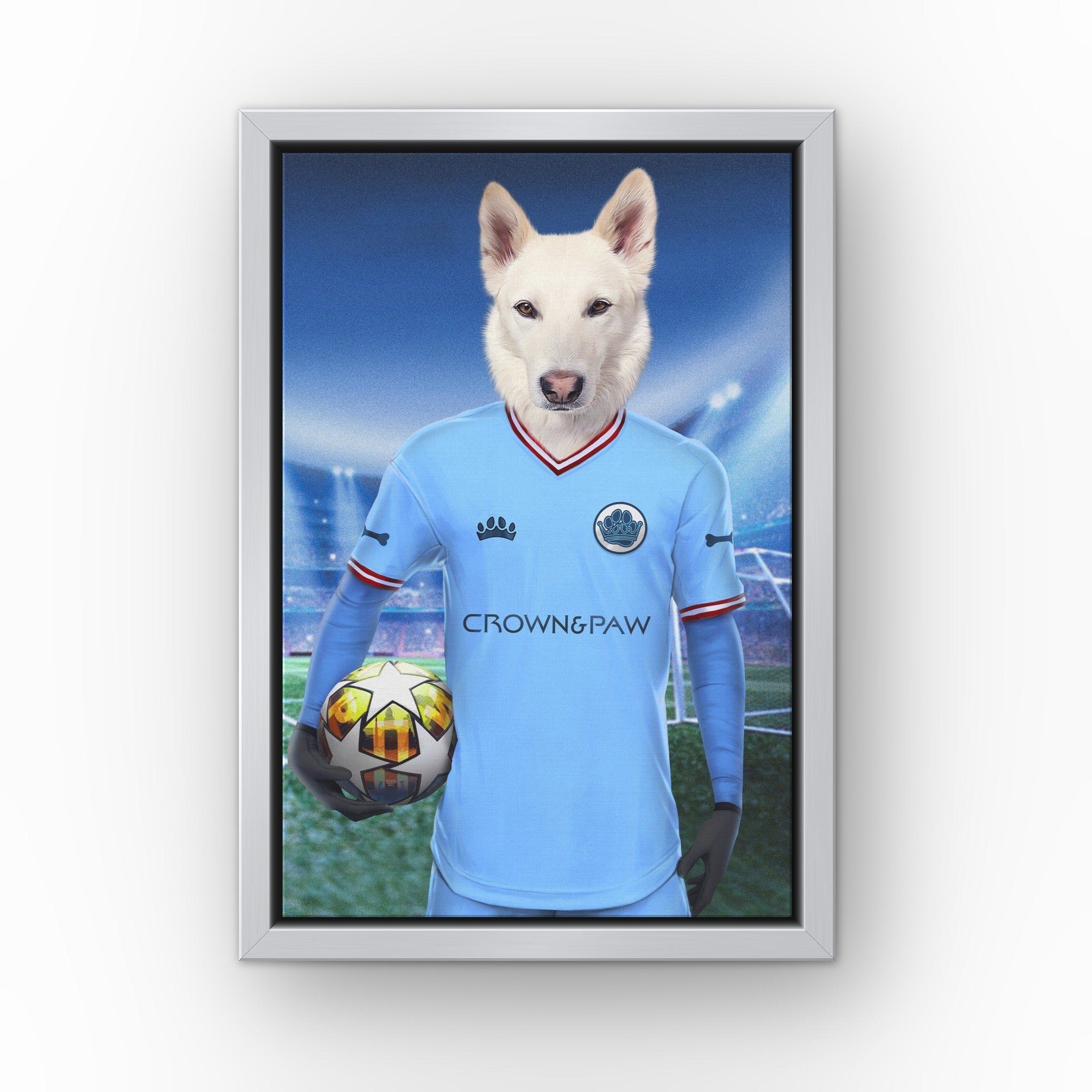 Pawchester City custom pet canvas in a silver floating frame