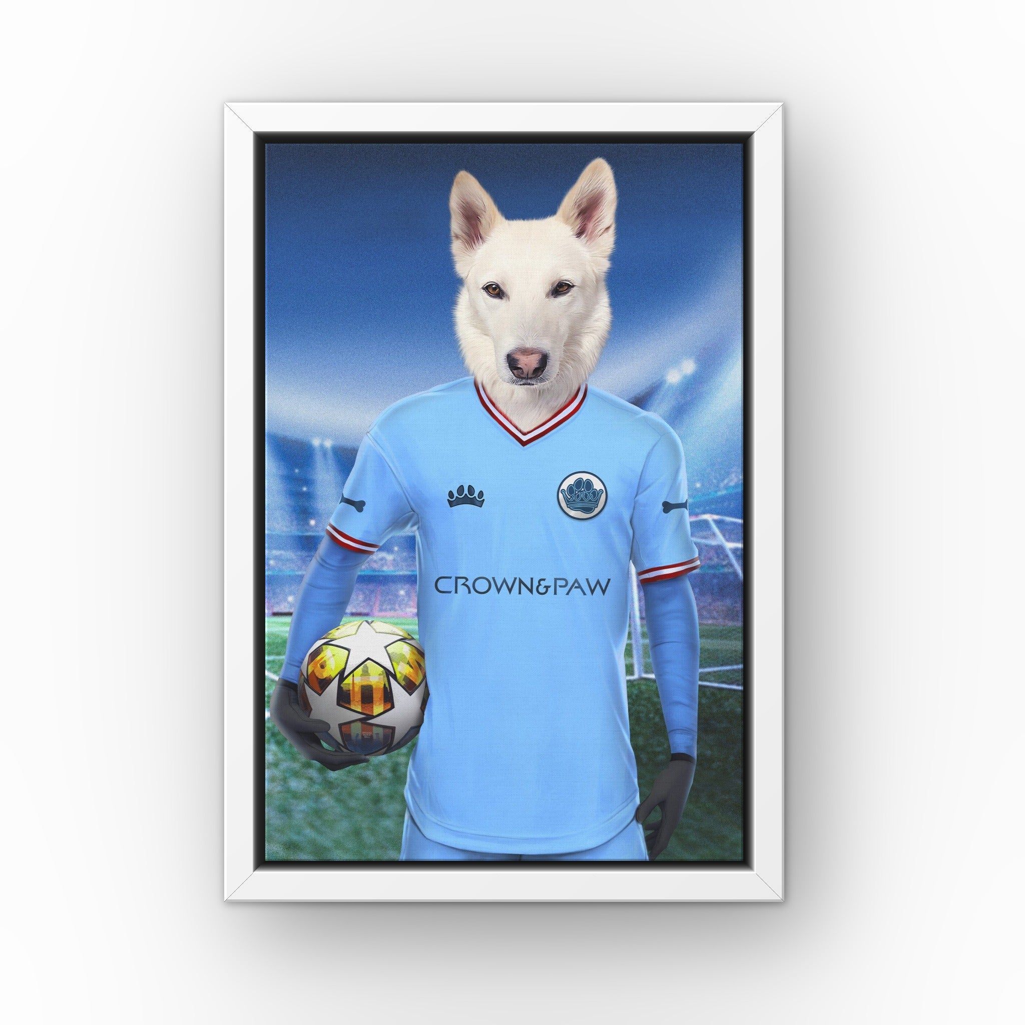 Pawchester City custom pet canvas in a white floating frame