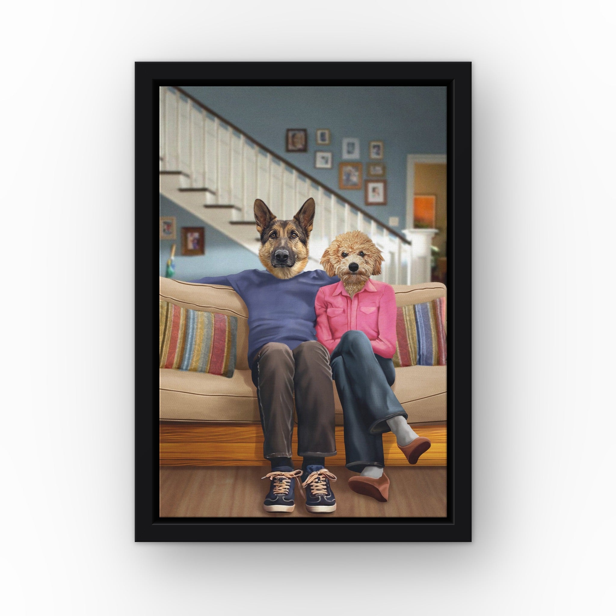 Phil and Claire custom pet canvas in a black floating frame